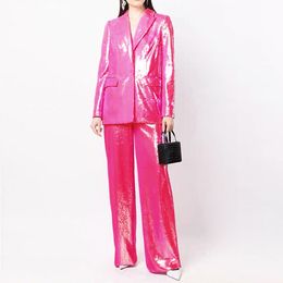 BA0022 BLING BLING Deep V-Neck Women's 2-Piece Suit Split Collar Single Buckle Rose Pink Sequin Mid Length Suit &Pants Luxury Set