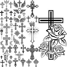 5 PC Temporary Tattoos Black Cross Temporary Tattoos For Men Adults Realistic Wings Feather Thorn Crown Fake Tattoo Sticker Arm Back Tatoos Waterproof Z0403