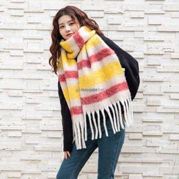 Scarves Ac New Rainbow Scarf Women's Autumn and Winter Stripes Imitation Cashmere Plaid Fringed Woven Shawl Warm5D6M