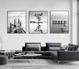 Black White Minimalist Landscape Art Painting Canvas Prints Bridge Boat Posters Wall For Living Room Modern Home Decor1621185