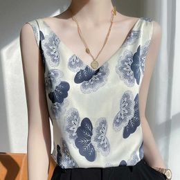 Women's Tanks Camis Summer V-Neck Explosions Printed Acetic Acid Camisole Women's Round Neck With Suit At The Bottom Satin Blouse P230322