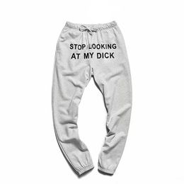 Men's Pants Fashion Printed Letter STOP LOOKING AT MY DICK Sweatpants With Pockets Black Grey High Waist Drawstring Loose Cas3054