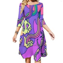 Casual Dresses It'S So Amazing Square Neck Dress Cute Loose Print Elegant Beach Party Skeleton Trippy Skull Monster Fire