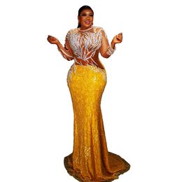 2023 Arabic Aso Ebi Yellow Mermaid Prom Dress Sequined Lace Evening Gowns Beaded Birthday Engagement Second Gown Dress Women Formal Wear WD041