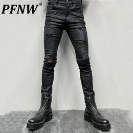 Mens Jeans PFNW Darkwear Retro Slim Fit Elastic Batik Holes Denim Pants Fashion High Street Waxed Leggings Trousers 12A5769 230404