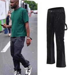 Men's Pants Urban Streetwear Flare Black Wide Leg Jeans Hip Hop Splashed Ink Trousers Patchwork Slim Fit Denim for 230403