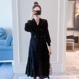 Maternity Dresses Pregnant Women's Wear Spring Pregnant Women's Wear Fashion Turn Neck Dot Pattern Pleated Long Sleeve Knee Length Tank Top 230404