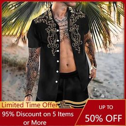 Men's Tracksuits Summer Hawaiian Shirt Set Floral Graphic Prints Turndown Black Grey Street Casual Short Sleeve Print ClothingHawaiian