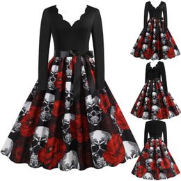 Theme Costume Skull Printed Halloween Women's Long Sleeve 1950s Housewives Evening Party Prom Dresses Elegant Horror Role Playing 230404