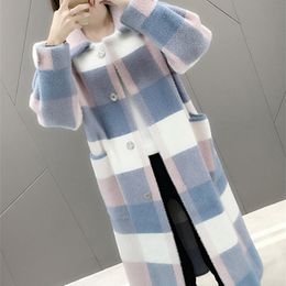 Women's Knits Tee Long Knitted Faux Mink Fur Coat Plaid Cardigan Jacket 230403