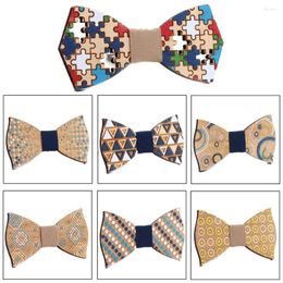 Bow Ties 2024 Men Birthday Gift Wooden Bowtie Cravat Elastic Band Necktie Wedding Party Cartoon Flower Engrave Carved Puzzle Wood Tie