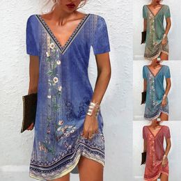 Casual Dresses Summer V Neck Floral Printed for Women Vinatge Loose Fit Short Sleeve Comfortable Elegant Beach T Shirt S5XL 230404