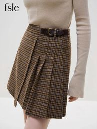 Skirts FSLE 45% Wool Women Winter High Waist Mini Irregular Design Pleated Skirt Coffee Plaid Commuter Above-Knee