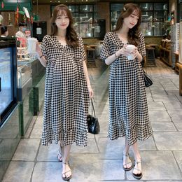 Maternity Dresses 8810# Summer Korean Fashion Plaid Pregnant Women's Long Dress Sweet and Elegant A-line Loose Maternal Wear 230404