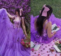 Fairy Purple Tulle Prom Dresses 3D Flowers A Line Sexy Spaghetti Straps Corset Back Formal Party Gowns Sweep Train Plus Size Second Reception Evening Robes CL2886