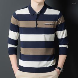 Men's Polos MLSHP Autumn Winter Long Sleeve Striped Men's Polo Shirts Fashion Turn Down Collar Knitted Business Loose Casual Man Tops