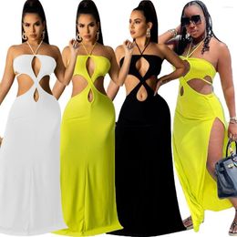 Casual Dresses Off Shoulder Women Long Maxi Solid Halter 2023 Summer Cutout Side Slit Dress Sexy Club Party Bodycon Festival Vestidos