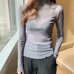 Womens Blouses Shirts Size M3XL Girls Mesh Tees Female Autumn Transparent Full Sleeve Turtleneck Thin Blouse Tops Undershirts Women 230404