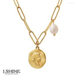 Pendant Necklaces JShine Fashion Hip-Hop Retro Round Relief Portrait Freshwater Pearl 18 K Gold Plating Stainless Steel Necklace No Fade