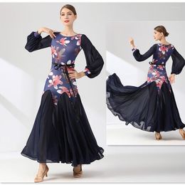 Stage Wear Ballroom Dance Gowns Summer Lantern Sleeve Dress Flower Print Adult Women Pratice 9077