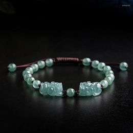 Strand Hand-woven Chinese-style High-grade Natural A Jadeite Blue Water Pixiu Bracelet Rope Zhaocai Jade Piqiu Women's