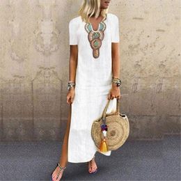 Women's Blouses 40#Boho Print Dress Women V-neck Side Slit Bohemian Dresses Cotton Linen Plus Size Elegant Casual Shift Maxi Vestidos