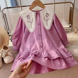 Girl Dresses Baby Girls Dress Casual Pink Clothes Summer 2023 Korean Cotton Linen Princess Big Turn Down Collar