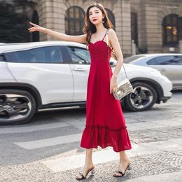 Casual Dresses TingYiLi Elegant Ladies Slip Women Wine Red Summer Dress Holiday Long Ruffle