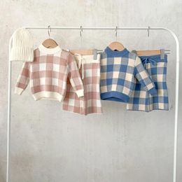 Clothing Sets Two Pieces Autumn Baby Boys Girls Streetwears Pink Blue Plaid Pullover Knitted Sweaters Bowknot Wide Leg Pants