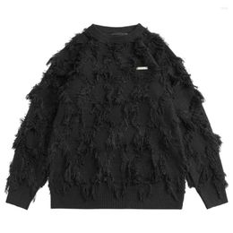 Y2K Men's Black and White Knitted Sweater with Distressed Tassel - Hip Hop Streetwear fluffy pullover