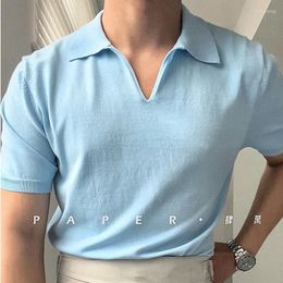 Men's Polos V-neck Men Solid Colour Short-sleeved T-shirt Summer British Slim Lapel Knitted Striped Casual Polo Shirt Camisa Masculina