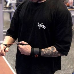 Mens TShirts Oversize Gym Sport Men 100% Cotton Fitness Streetwear Oversized Big Size Half Sleeve Top Clothing Casual HipHop 230404