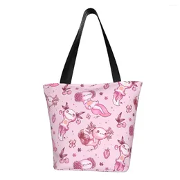 Shopping Bags Fashion Printed Kawaii Axolotl Pattern Tote Bag Reusable Canvas Shoulder Shopper Salamander Animal Handbag