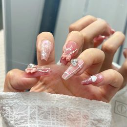 False Nails Advanced Pure Handmade Light Luxury High-end Wear Nail Pink Plaid Burst Flash Sweet Sister Bow Acrylic Press On With Design