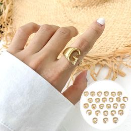 Hollow A-Z Letter Rings Gold Color Metal Adjustable Opening Ring Initials Name Alphabet Female Party Wide Trendy Jewelry