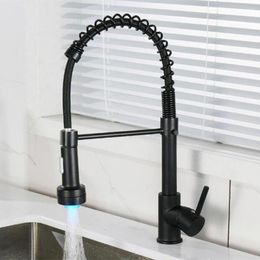 Kitchen Faucets LED Black Spring Faucet Pull Down Brass For 360 Rotation Single Handle Cold And Water Mixer Tap