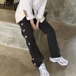 Women's Jeans Love Chic Vintage Wide Leg Trousers Korean Fashion Women Summer Embroidery High Waist Harajuku Cool For Girls