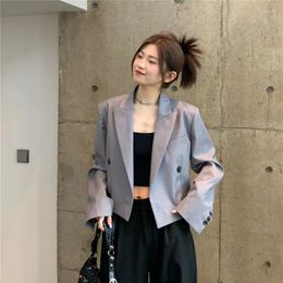 Women's Suits Korean Grey Suit Jacket Women Short Coat Spring Summer Double-breasted Notched Collar Long Sleeve Blazers Female Outerwear