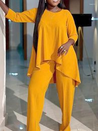 Women's Two Piece Pants Loose Yellow Pant Sets For Women O Neck Long Sleeves Tunic Tops Full Length Trousers Casual Elegant Fall Big Size 2