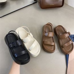 Sandals Low Sandals Woman Leather Shoes Lady Muffins shoe Buckle Clogs With Heel Suit Female Beige Low-heeled Fashion Summer Fl 230403