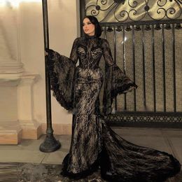 Black Full Lace Mermaid Evening Dresses Jewel Neck Flare Sleeve Formal Party Gowns Muslim Arabic Womens Special Occasion Dress