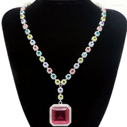 Chains 27x27mm Designed Square 43.1g Aquamarine Topaz Tourmaline Tanzanite Peridot CZ Daily Wear Silver Necklace 18.0-19.0inch