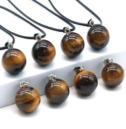 Round Gemstone Pendants Necklace Natural Dangle 14mm Ball Crystal Charms Healing Chakra Stone Charm Sphere Jewelry 45CM Black Leat6921721