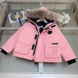 New Winter baby Jacket lovely pink down kids coat Size 110-150 Windproof design plush collar child overcoat Nov05