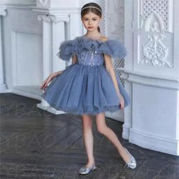 Girl Dresses Flower Blue Tulle Ruffles Glitter Sequins For Wedding Princess Off Shoulder First Communion Birthday Party Gowns