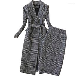 Two Piece Dress Plaid Suit Women Autumn Winter Long Woollen Blazer & Skirt Set Temperament Tweed Trench Ladies Outfit F1834