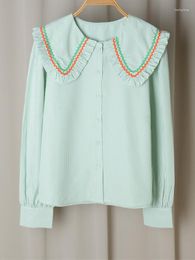 Women's Blouses Single-breasted Green Striped Blouse Women Clothing 2023 Long Sleeve Waveselvedge Turn-down Collar Korean Sweet Shirt Female