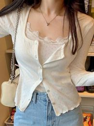 Women's Blouses Lace Knit Long Sleeve Top Two Piece Sets Y2k Slim Fit Square Collar Korean Fashion Crop Tops White Set Women