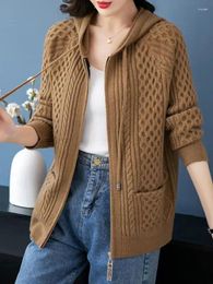 Women's Knits 2023 Hooded Cardigan Sweater Coat Solid Pocket Thermal Insulation Single Breasted Short Knitted Large B103