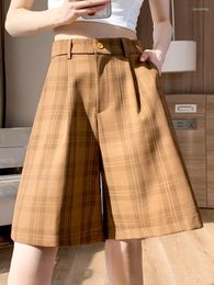 Women's Shorts Fashion Plaid Women Summer Thin Ice Silk Casual Wide Leg Suit Ladies High Waist Korean Pockets